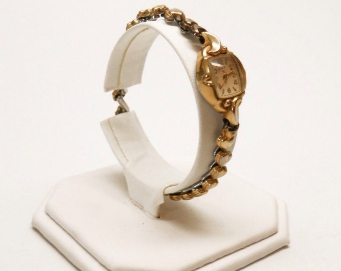 Storewide 25% Off SALE Vintage Ladies 10k Rolled Gold Elgin Designer Signed Square Bezel Wristwatch Featuring Elegant Scrolled Flex Band