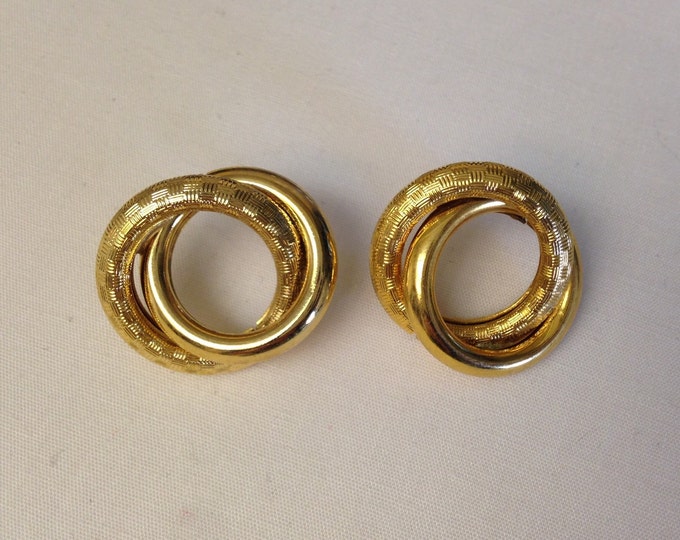 Storewide 25% Off SALE Vintage Gold Tone Double Ring Designer Earrings Featuring Elegant Textured Style Design