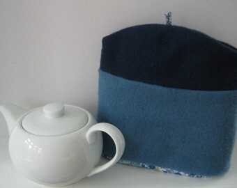 Tea Cosy, Recycled Felted Tea Cosy, Cotton Floral Fabric Lining, Blue Tea Cosy, OOAK