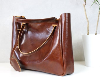 Brown Leather Tote Bag – BELLA Cognac Brown - Medium Size Handmade Leather Tote
