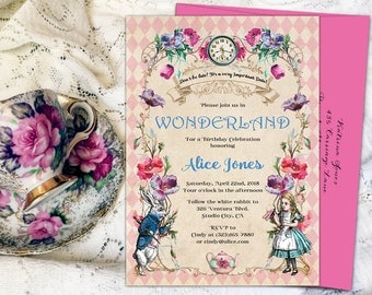 Alice in wonderland invitation, mad hatter tea party invitation, alice in wonderland party, alice in wonderland birthday invitation. Printed