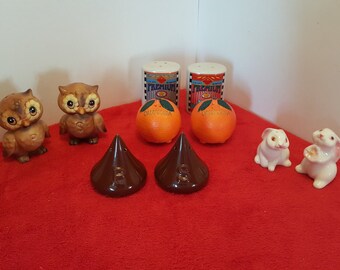 Vintage salt and pepper shakers, owl salt and pepper, bunny salt and pepper, herseys kiss salt and pepper, bunny salt and pepper