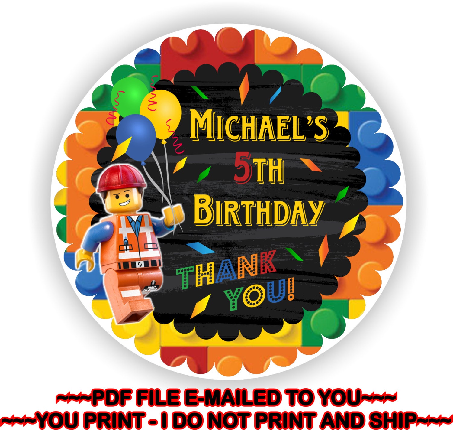 YOU PRINT Lego Birthday Thank you stickers Lego by TAGSRUSCANADA