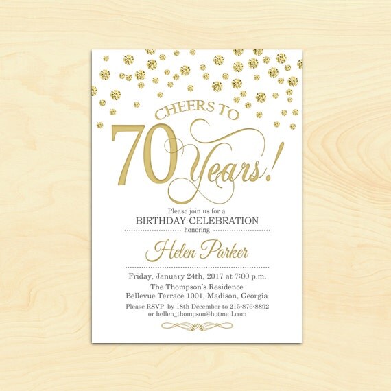 70th Birthday Invitation / Any Age / Cheers to 70 Years / Gold