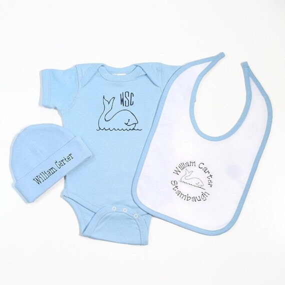 Items similar to Baby Boy Whale Gift Set, Embroidered Bodysuit, Cap ...