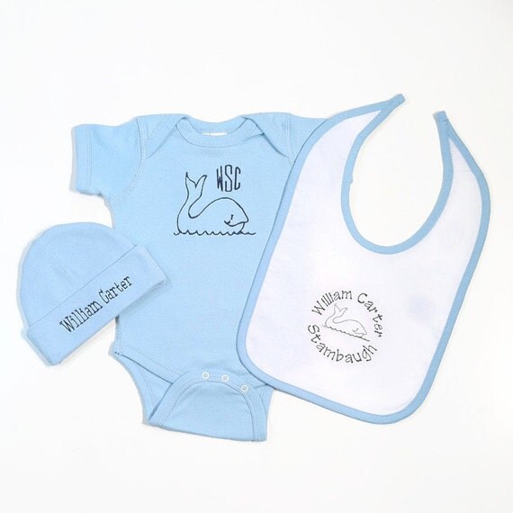 Items similar to Baby Boy Whale Gift Set, Embroidered Bodysuit, Cap