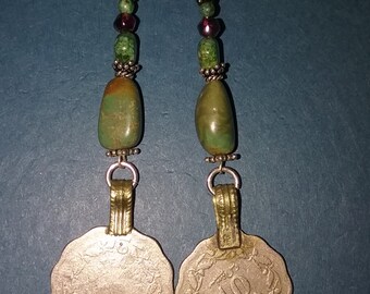 Beautiful Upcycled Handmade Boho Gypsy Genuine Turquoise Garnet Sterling Silver Antique Bellydance Coin Jewelry Earrings Fair Trade Eco