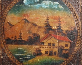 Antique Hand Painted Landscape Pyrography Wood Box