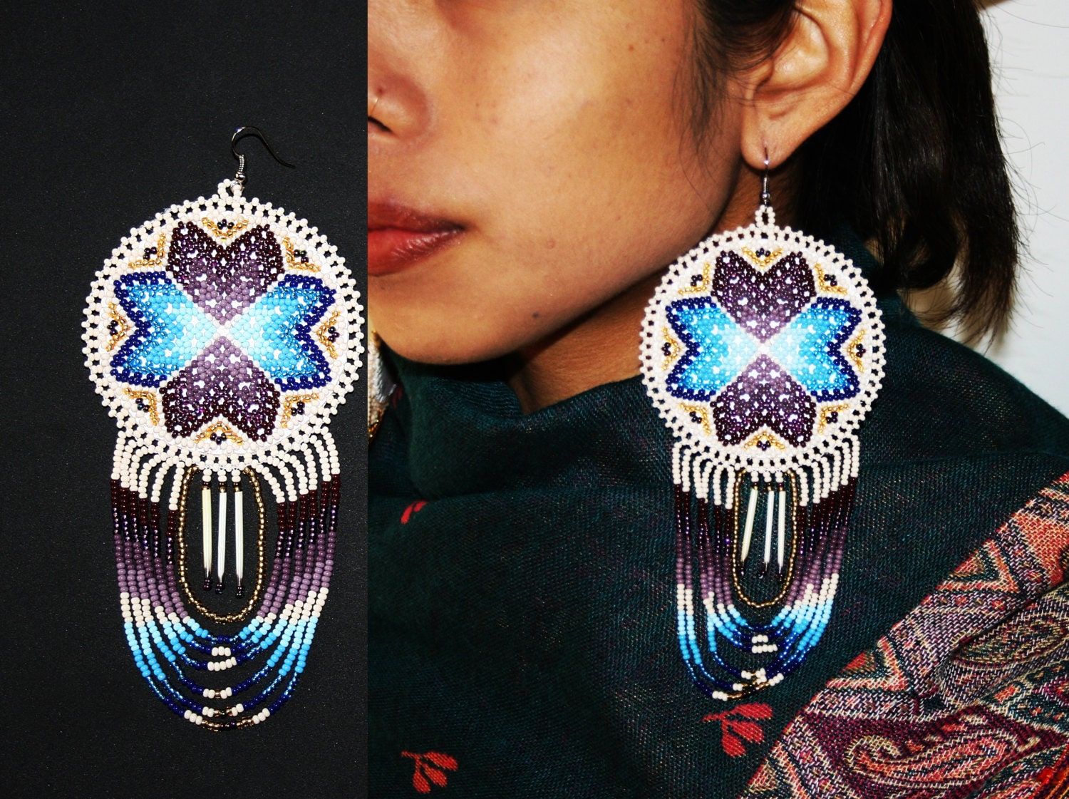 Morning Star Medallion Earrings Native American Beaded