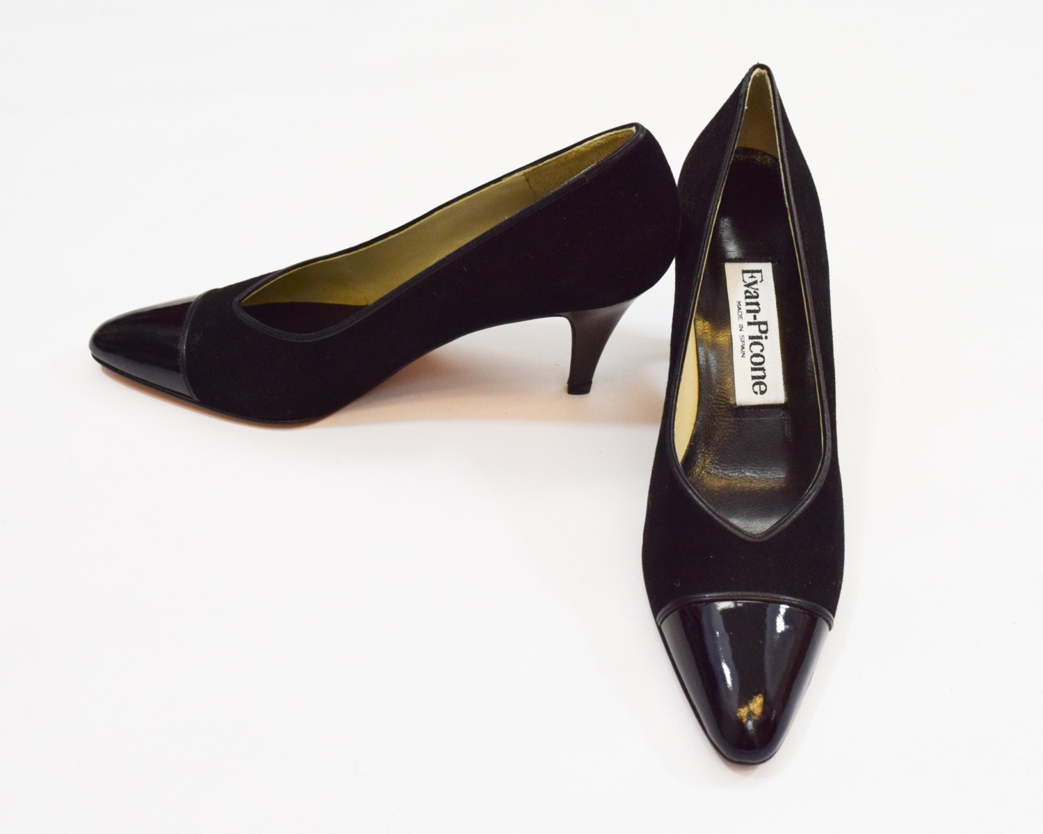 80s Black Pumps Size 8 Black Suede & Patent High Heels Shoes