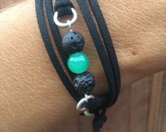 Lava Bead Essential Oil Diffuser Bracelet | Vegan Wrap Diffuser Bracelet | Faux Suede Wrap Bracelet | Green Glass Bead
