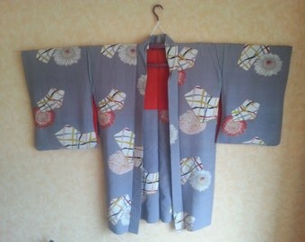 Old Haori Showa Period 1926 - 1989 Kimono Jacket 1920 1930 1940 Print Silk Japan
