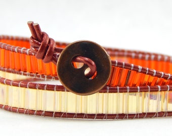 Leather Beaded Wrap Bracelet - Double Wrap - Tila Beads - Handmade