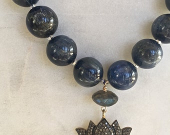 Pave Diamond Lotus Kyanite Labradorite mala necklace