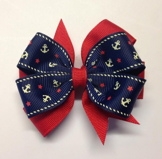 Sailor Nautical Navy Blue and Red Layered Bow 3 Single