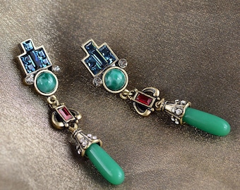 Vintage Art Deco Drop Earrings, Jade Jewelry, Green Earrings, 1920s Jewelry, Art Deco Jewelry, Flapper Earrings, Deco Earrings E9522
