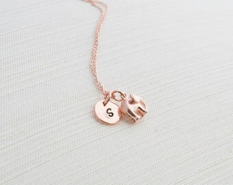 Rose Gold Initial and Elephant Necklace, Disc Necklace, Hand Stamped on Disc, Personalised Jewellery, Rose Gold Plated Necklace, gift idea