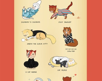 David Bowie Cat Puns Art Print - 'David Meowie' - Cute Poster Print - Ziggy Stardust, Aladdin Sane, Major Tom, Ashes To Ashes