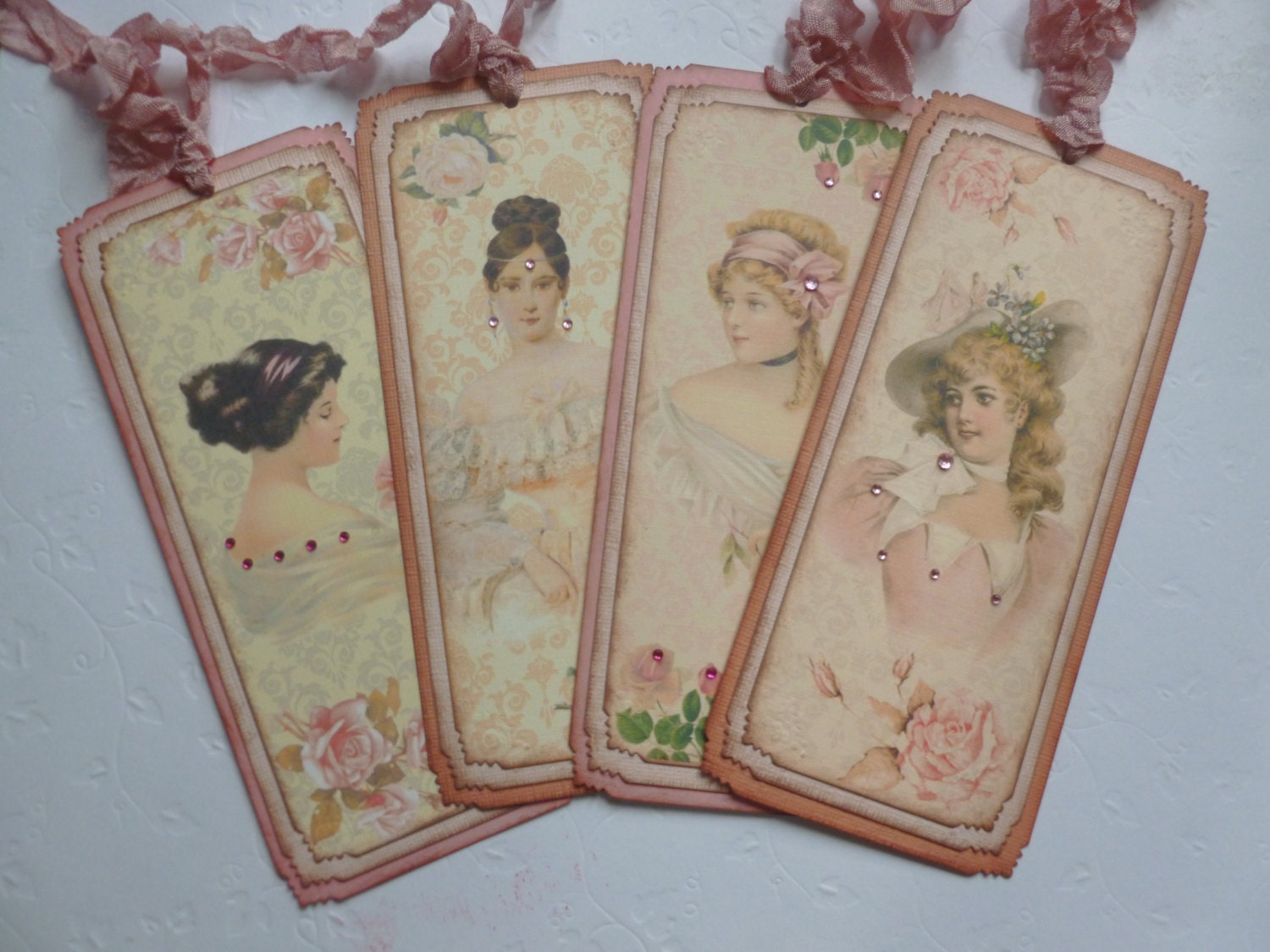 bookmarks tags victorian lady vintage style pink roses book