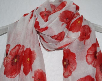 Poppy Scarf, White Poppy Scarf, Poppies, Remembrance Day, 11th November, Womens Gift, Gift For Her, Spring, Summer, Autumn Scarf, Flowers