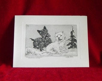 1930's Scottish Terrier Dog & Westie Etching Christmas Card by C. Winston Haberer Unused!