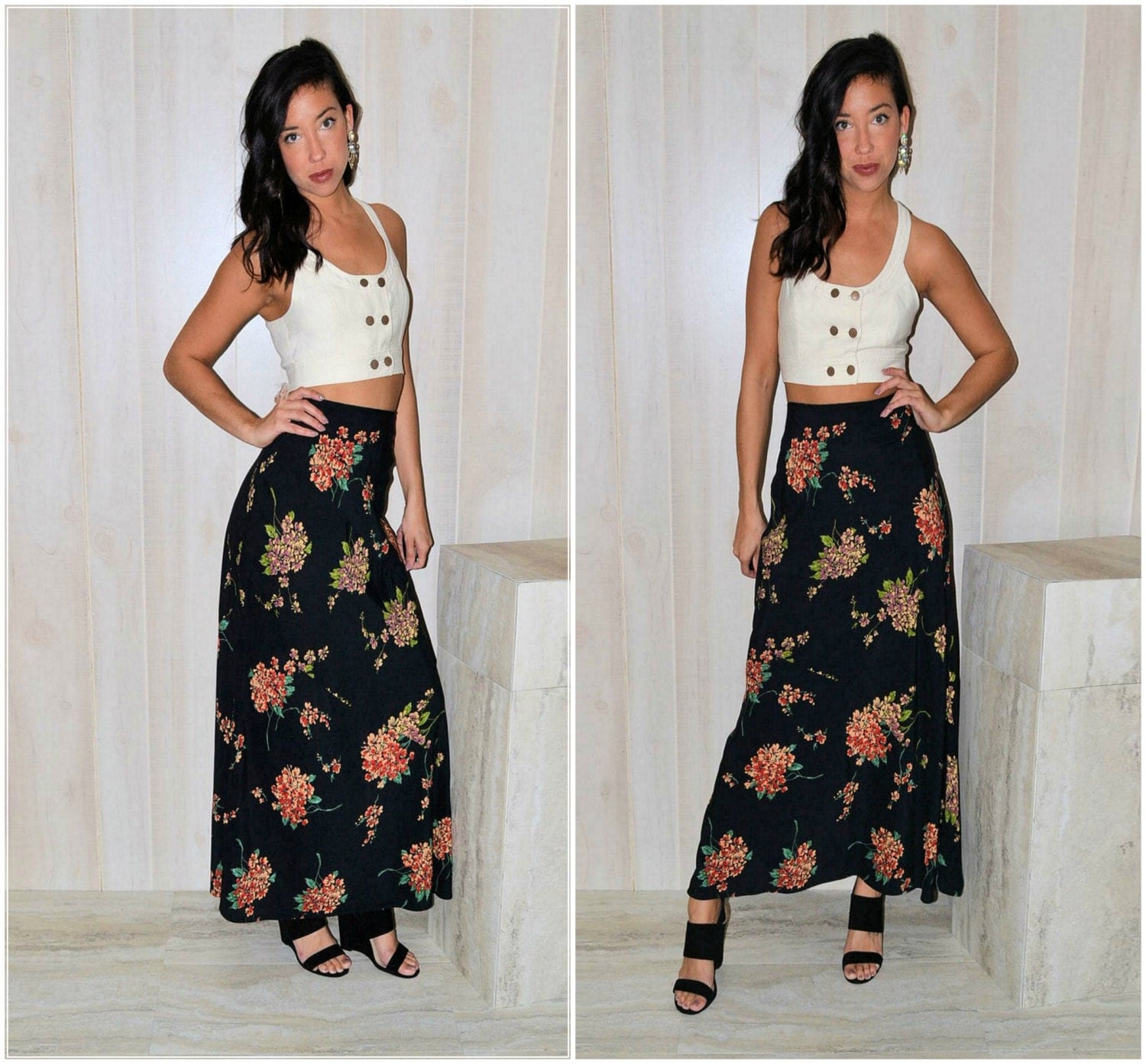 Black Floral Skirt Maxi Skirt Long Floral Patterned Skirt