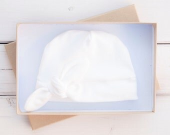 Baby Girl Organic Cotton Newborn Beanie with Bow - White - Newborn Hat Baby Beanie - Baby Girl Winter Cap - Hospital Hat - Infant Bow