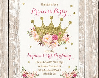 Printable Princess Invitation, Princess birthday invitation, Gold crown Thank you invitation, Glitter and pink printable, Princess invites