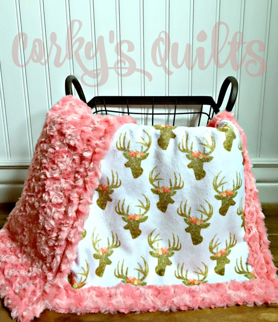 Minky Deer Baby Blanket Glitter Deer by TheDesignerMinkyCo
