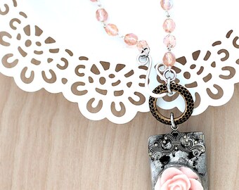Mixed Media Necklace - Vintage Inspired Pendant Necklace- Rose Pendant Necklace - Pink Flower Pendant - Sari Silk Jewelry - Gift for Her