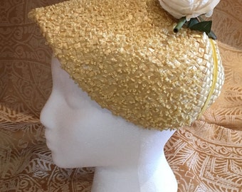Vintage Pale Yellow Straw Hat, 1950's Straw Hat