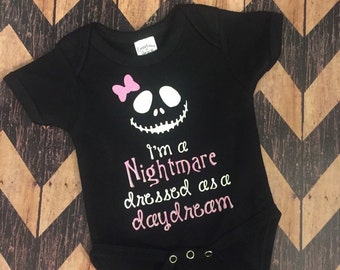 BLACK Nightmare Dressed Like a Daydream (Nightmare Before Christmas) Baby Girl BLACK bodysuit/shirt with Glitter Bow