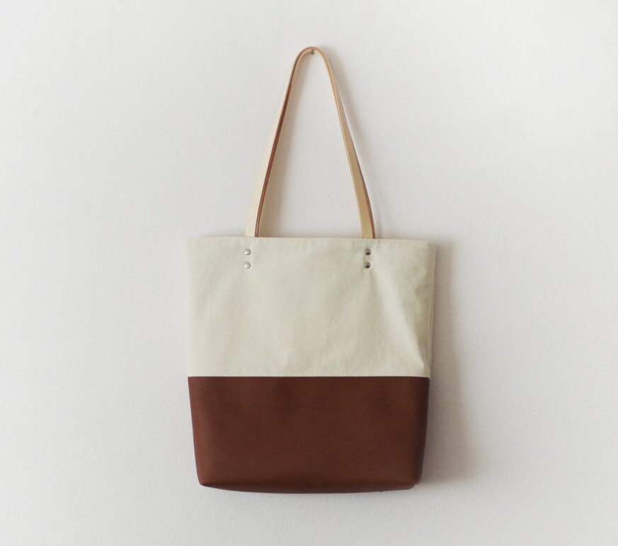 Off white canvas brown leather tote bag by Handmadeso on Etsy