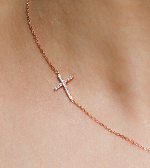 Sideways Cross Necklace 14K Gold Diamond by milajewellerydesign