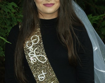 GOLD Bridal Shower Sash - Hen Party Sash - Bachelorette - Bride to be - gold glitter handmade white text