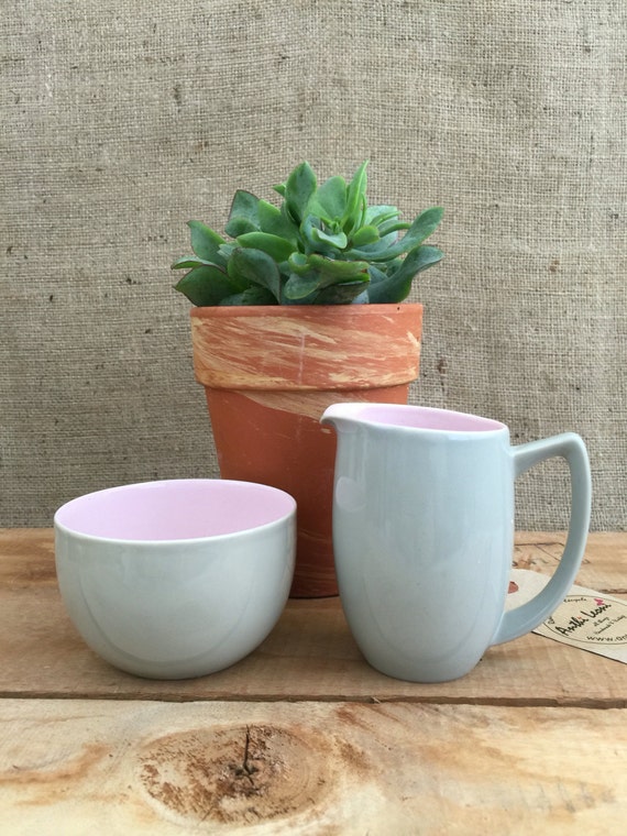 Art Deco Branksome China Milk Jug and Sugar Bowl - Pretty Vintage Two Tone Grey-Green & Pink Creamer and Bowl / Retro Style Kitchenalia