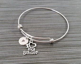 Army Wife Bangle - I Love My Soldier Bracelet - Expandable Bangle - Charm Bangle - Army Bracelet - Initial Bracelet - Army Wife Bracelet