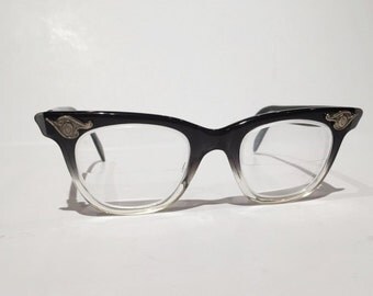 Reserved4Jelly American Optical Black Grey Crystal Fade Horn Rim Glasses Frames, 60s Womens Horn Rimmed Cat Eye Eyeglasses Sunglasses Frames
