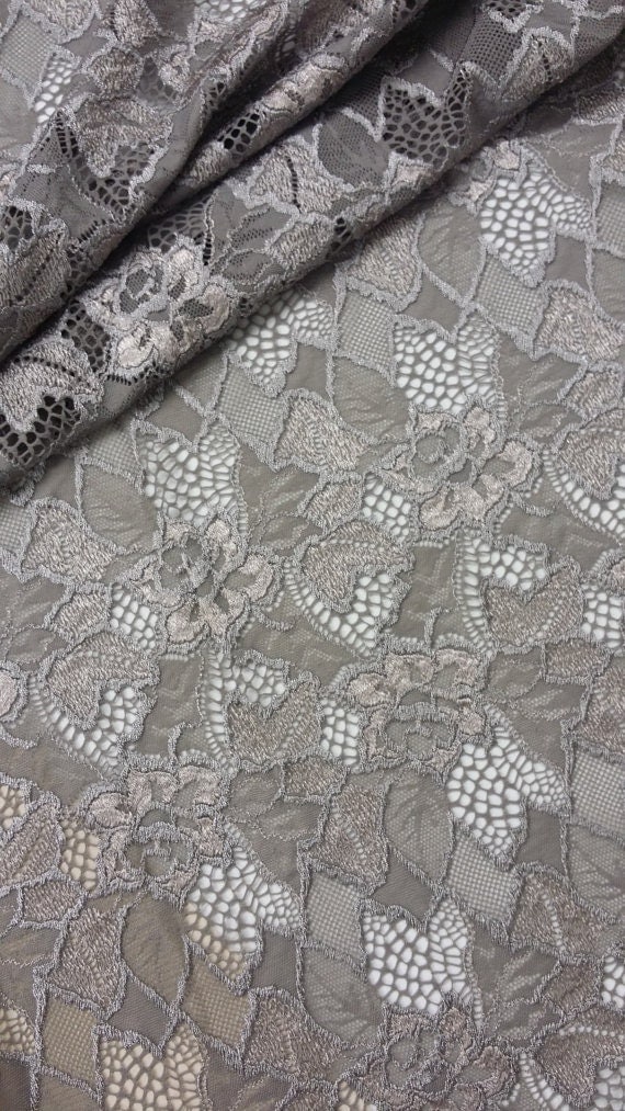 Gray elastic stretch lace fabric by the yard France Lace