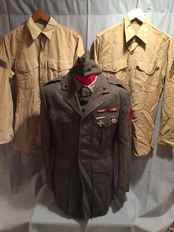 USMC Service Green Tunic, Garrison Cap and Two Tan Shirts