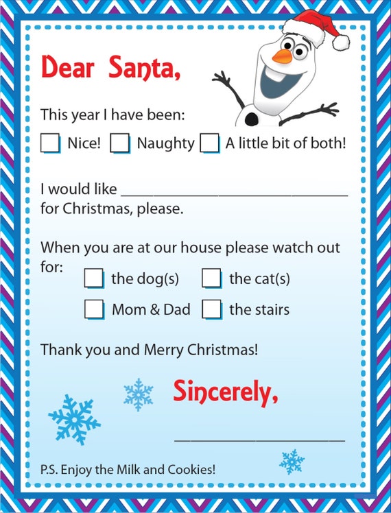 Frozen Olaf Dear Santa Letter Digital Letter to by KarasKraftz