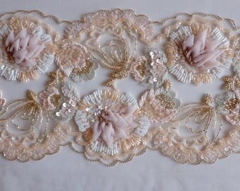 Hand embroidered trim with tulle appliqué flowers