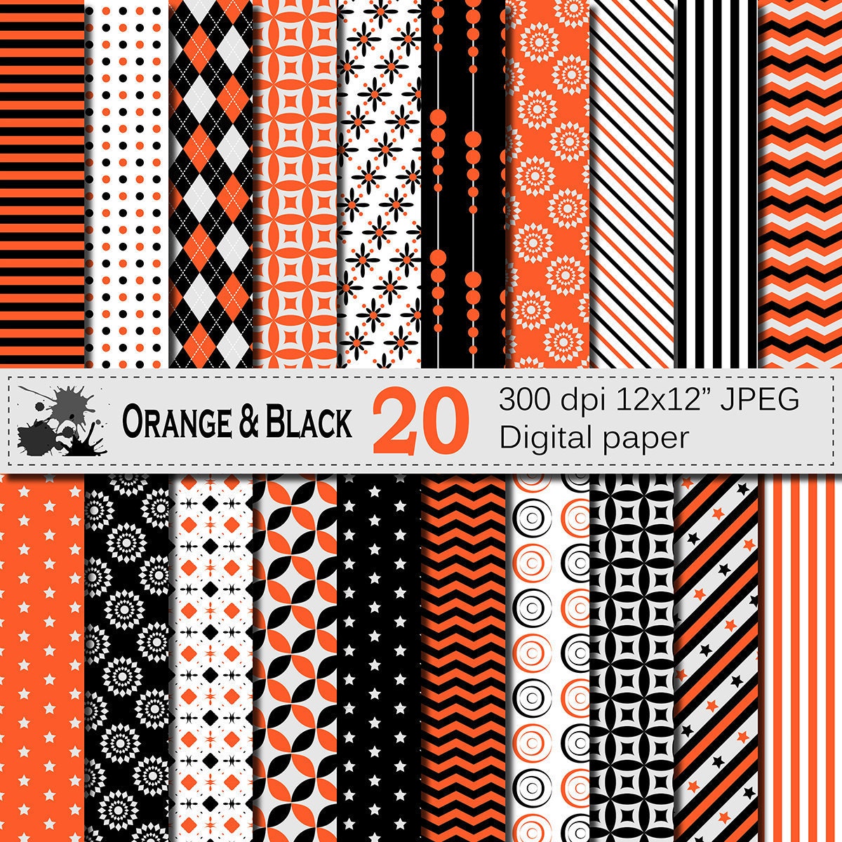 Orange and Black Digital Paper Set Geometric Digital