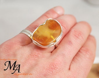 AMBER Ring Adjustable Silver 925 +Certificate *11687