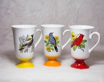Three 1950's Santei Bird Mugs - Colorful Pedestal Mugs - Vintage Mugs - Retro Kitchen - Nature Lover - Vintage Kitchen - Bird Lover