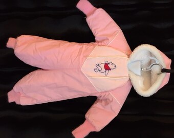 1980s, "Winnie the Pooh, Walt Disney Productions" Brand, Pink, Fleece-lined Snowsuit, Size Medium