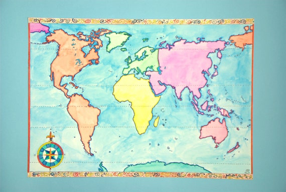 Aquarelle originale carte du monde A3 mappemonde oeuvre