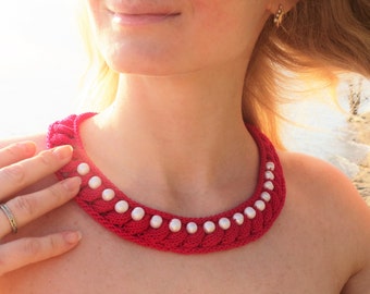 Crochet necklace cotton necklace freshwater pearls necklace bib necklace womens gift womens knitted jewelry red crimson knit necklace beaded