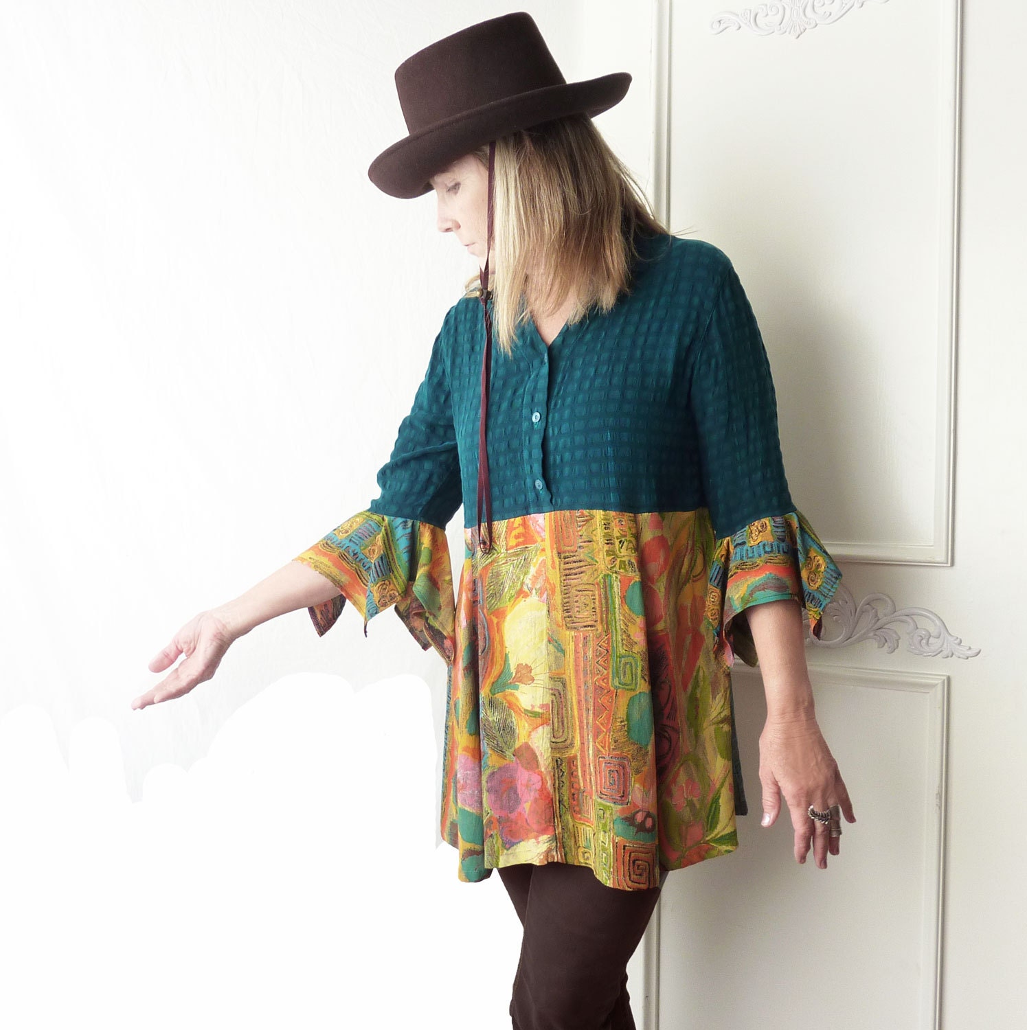 Upcycled clothing tunic top silk teal shirt with orange