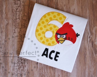 mad red bird personalized birthday shirt, red bird birthday shirt for angry birds inspired party, boys mad birds shirt with name and number